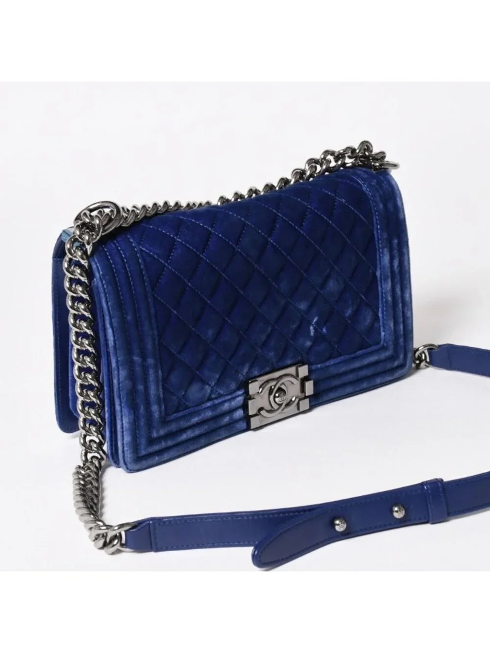 Chanel Boy Chain Shoulder Bag CC Logo Velvet Leather Blue